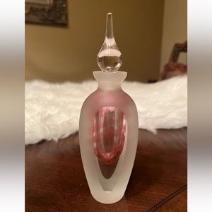 Vintage BADASH Handmade Pink and Clear Satin Glass Perfume Bottle w Stopper
